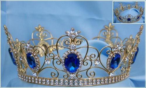 Corona Azul Zafiro Dorada Completa de Cristal para Rey o Reina