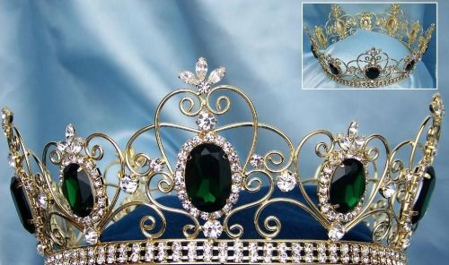 Corona Esmeralda DORADA Completa  de Cristal Unisex para Rey o Reina